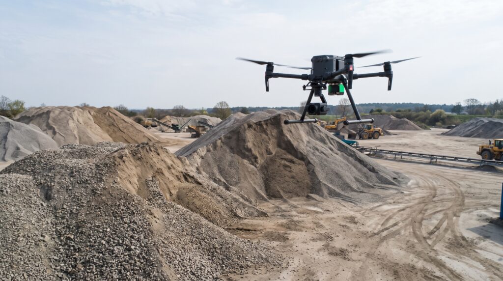 Realistyczne zdjęcie z poziomu ziemi przedstawiające profesjonalny, duży dron przemysłowy (quadcopter) w trakcie lotu nad rozległym terenem żwirowni lub placu budowy. Dron jest czarny, wyposażony w widoczne czujniki i kamerę zamontowaną pod spodem, a jego cztery śmigła są w ruchu. Unosi się w powietrzu na tle ogromnych, nieregularnych hałd kruszywa o różnej wielkości i barwach – od drobnego, jasnego piasku po ciemniejszy, gruboziarnisty żwir i kamienie. Teren wokół jest piaszczysty i pokryty śladami ciężkich pojazdów. W tle, na rozległym, otwartym obszarze pod jasnym, lekko zachmurzonym niebem, widoczne są maszyny budowlane, takie jak koparki i ładowarki, a także taśmociągi i naturalna roślinność (drzewa) na horyzoncie. Kadrowanie ukazuje techniczną pracę drona mierzącego objętość zgromadzonego materiału w naturalnym, dziennym oświetleniu.