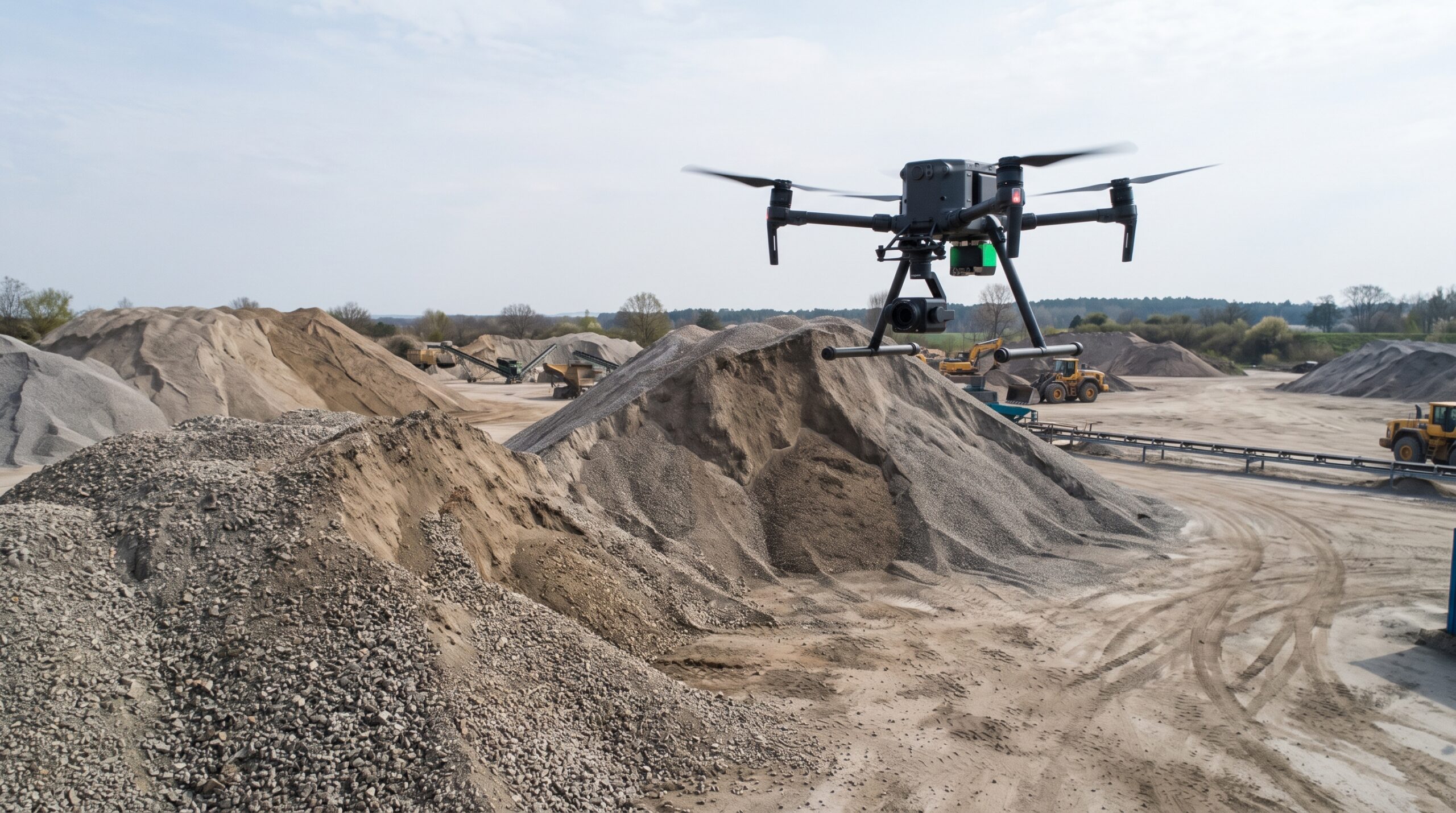 Realistyczne zdjęcie z poziomu ziemi przedstawiające profesjonalny, duży dron przemysłowy (quadcopter) w trakcie lotu nad rozległym terenem żwirowni lub placu budowy. Dron jest czarny, wyposażony w widoczne czujniki i kamerę zamontowaną pod spodem, a jego cztery śmigła są w ruchu. Unosi się w powietrzu na tle ogromnych, nieregularnych hałd kruszywa o różnej wielkości i barwach – od drobnego, jasnego piasku po ciemniejszy, gruboziarnisty żwir i kamienie. Teren wokół jest piaszczysty i pokryty śladami ciężkich pojazdów. W tle, na rozległym, otwartym obszarze pod jasnym, lekko zachmurzonym niebem, widoczne są maszyny budowlane, takie jak koparki i ładowarki, a także taśmociągi i naturalna roślinność (drzewa) na horyzoncie. Kadrowanie ukazuje techniczną pracę drona mierzącego objętość zgromadzonego materiału w naturalnym, dziennym oświetleniu.